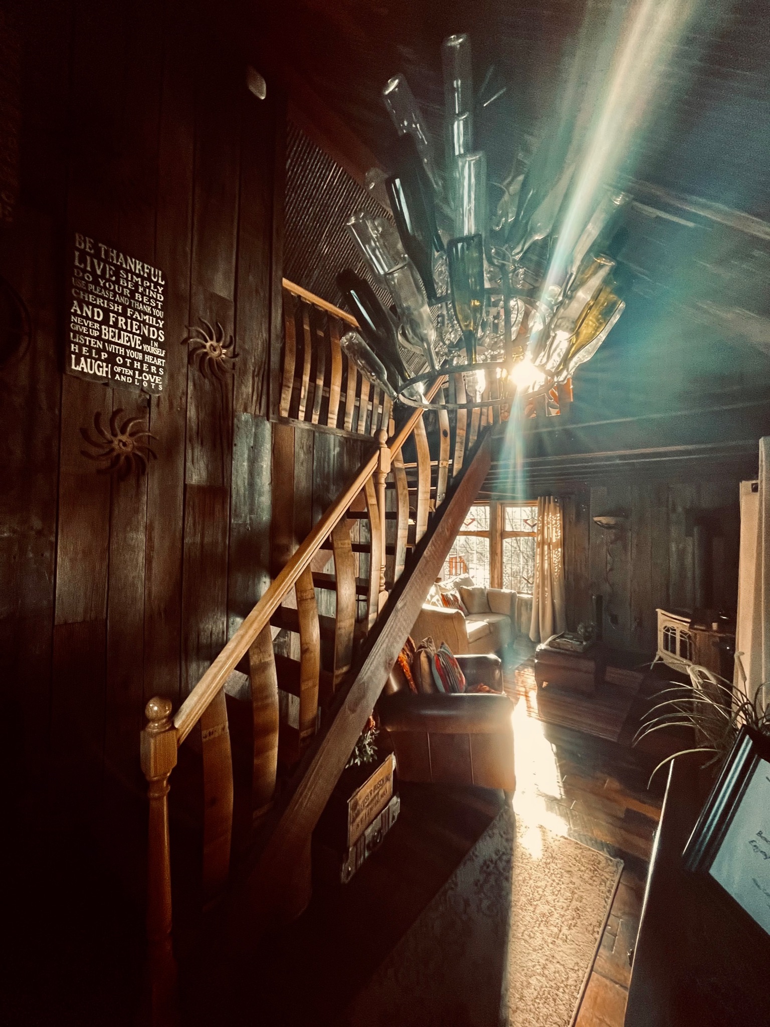 Bootlegger Barn bottle chandelier staircase